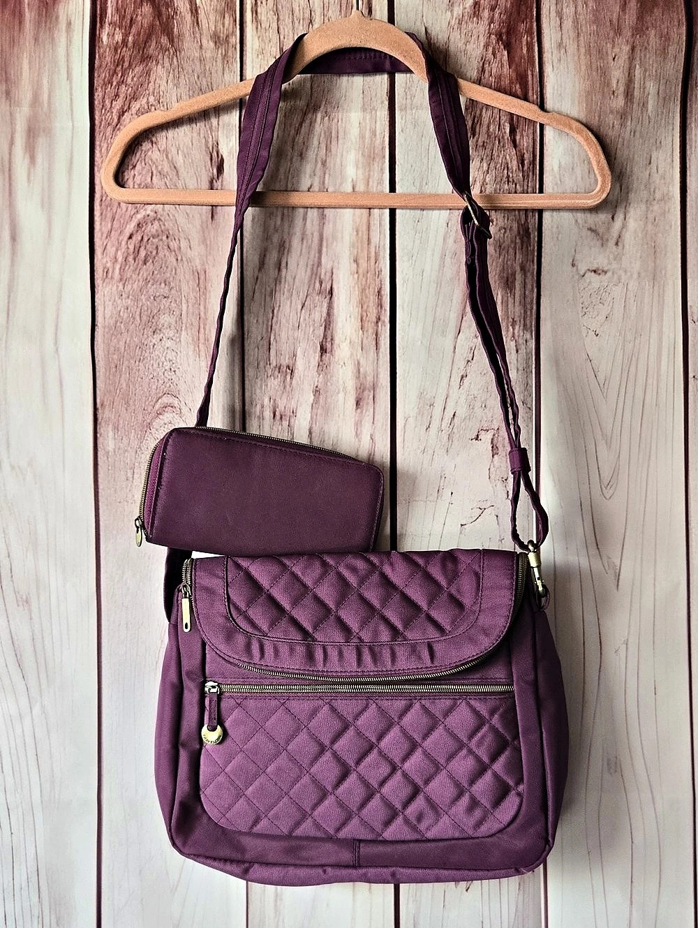 Travelon Quilted Crossbody Bag And Wallet In Purple